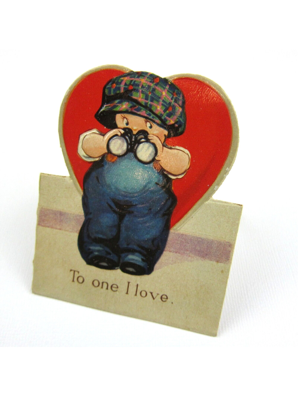 Vintage Valentine Card Cutout Stand Up Boy Binoculars Plaid Hat Overall UNSIGNED